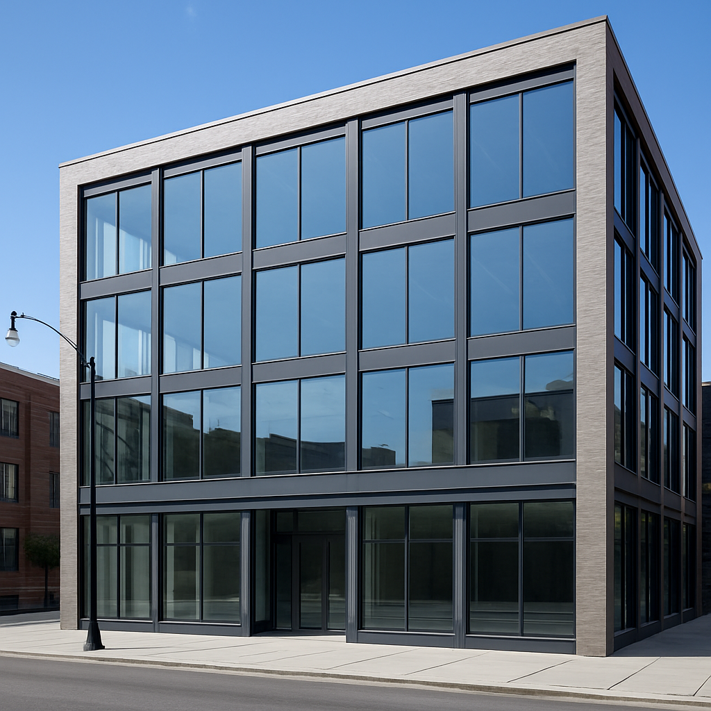 Commercial office building with new glass windows