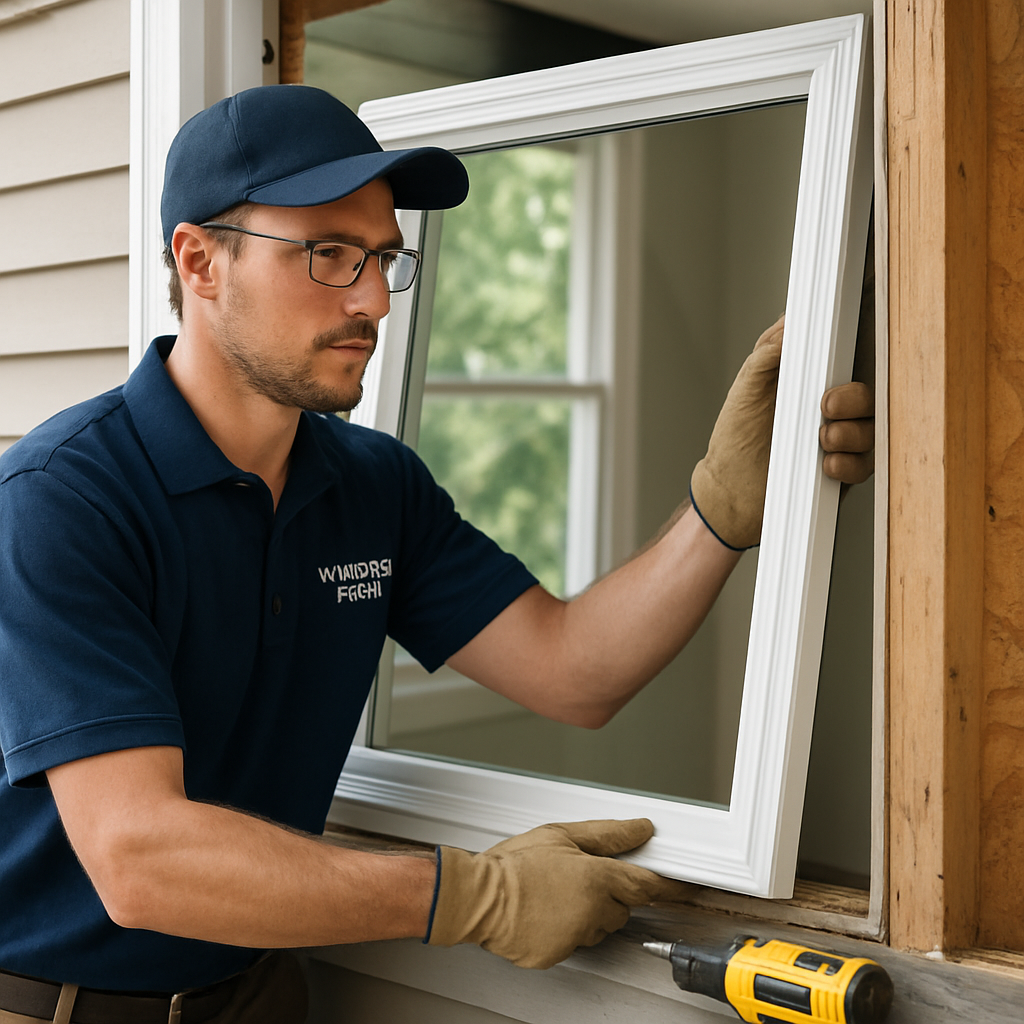 A Just Windows installer fitting a new replacement window in a Chicago home